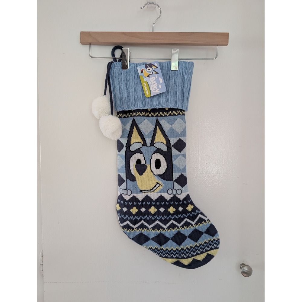 Bluey Knit Christmas Stocking Blue Fair Isle Pom Poms Holiday Decor NEW